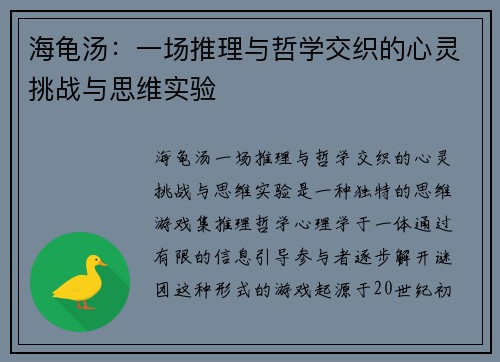海龟汤：一场推理与哲学交织的心灵挑战与思维实验