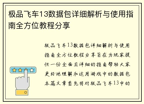 极品飞车13数据包详细解析与使用指南全方位教程分享