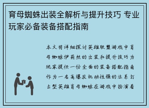 育母蜘蛛出装全解析与提升技巧 专业玩家必备装备搭配指南